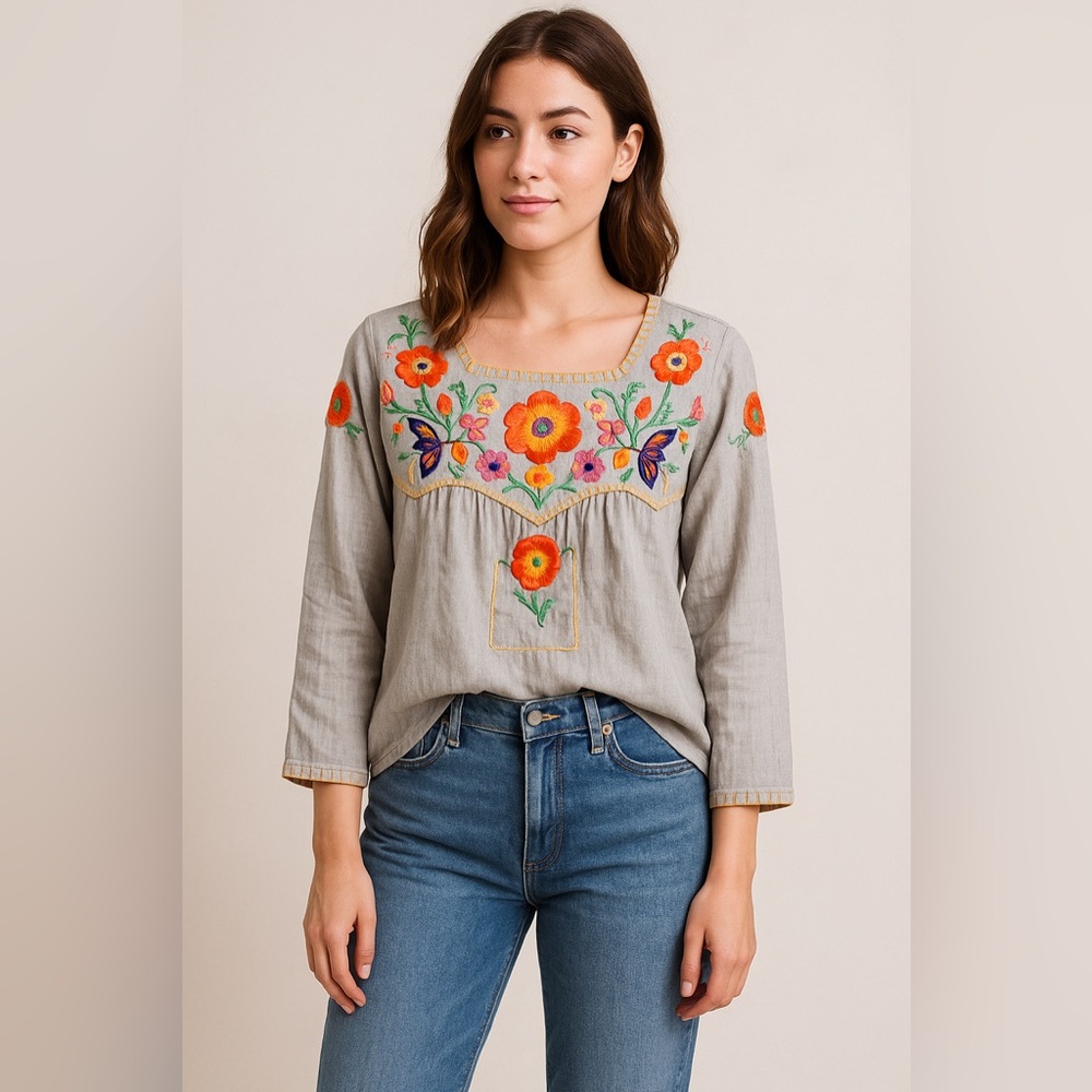 Sister Mary XS Embroidered Peasant Top – Light Gray 100% Cotton Boho Stephanie
